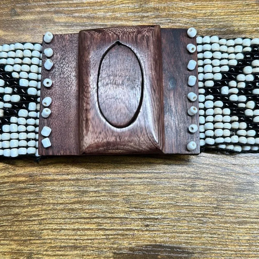 Women's Beaded Belt One Size Wide Wooden Hook Buckle Retro Boho‎ Stretch Fit